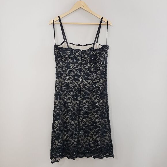 Etoile Size 12 Large Black Cream Beaded Sheath Lace Dress with Spaghetti Straps - Picture 7 of 13